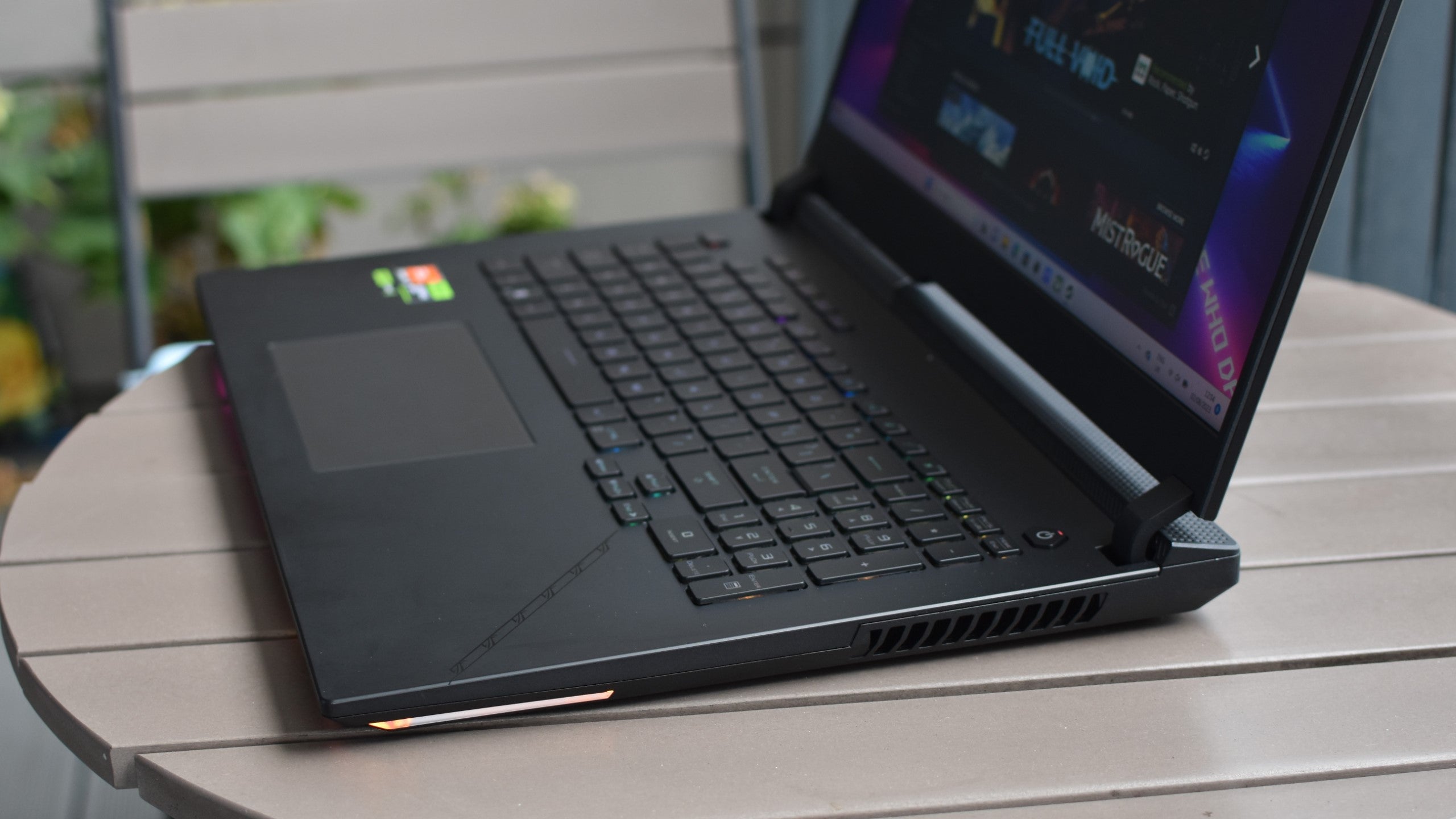 A right-side view of the Asus ROG Strix Scar 17 gaming laptop, showing the side air vent.