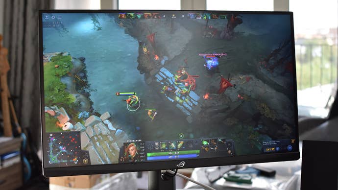 The Asus ROG Strix XG27UGC, a multi-mode gaming monitor, running Dota 2 in 1080p mode.