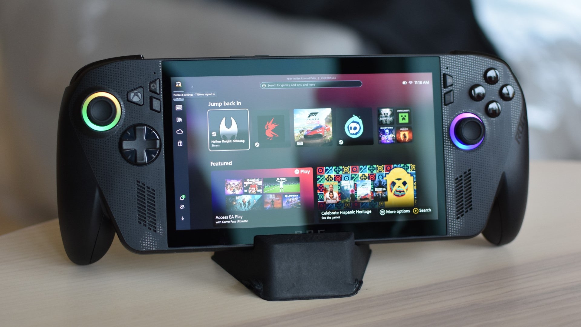 The Xbox ROG Ally X on a table, running in Xbox mode.