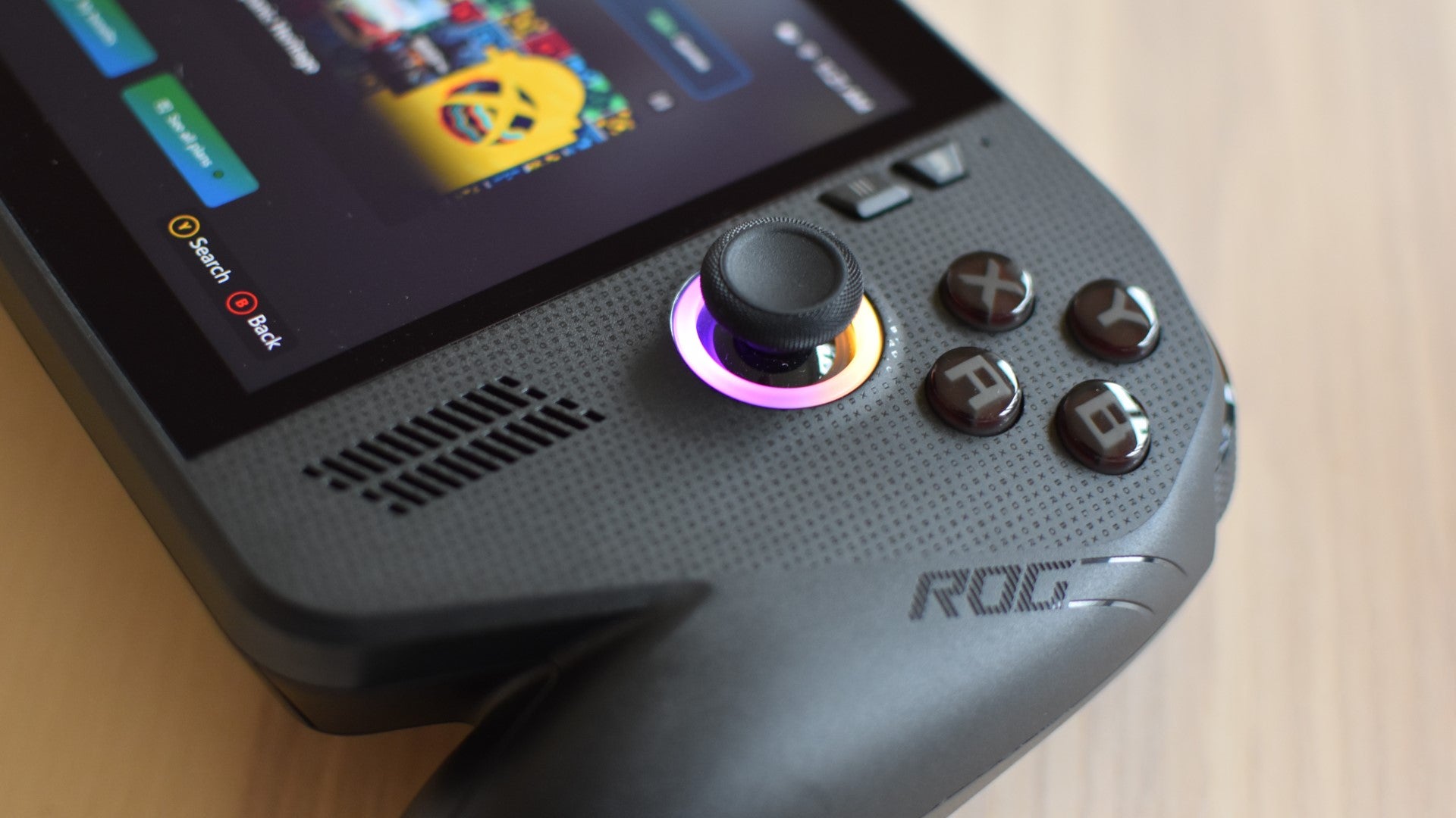 A close up of the face buttons and right analogue stick on the Xbox ROG Ally X.