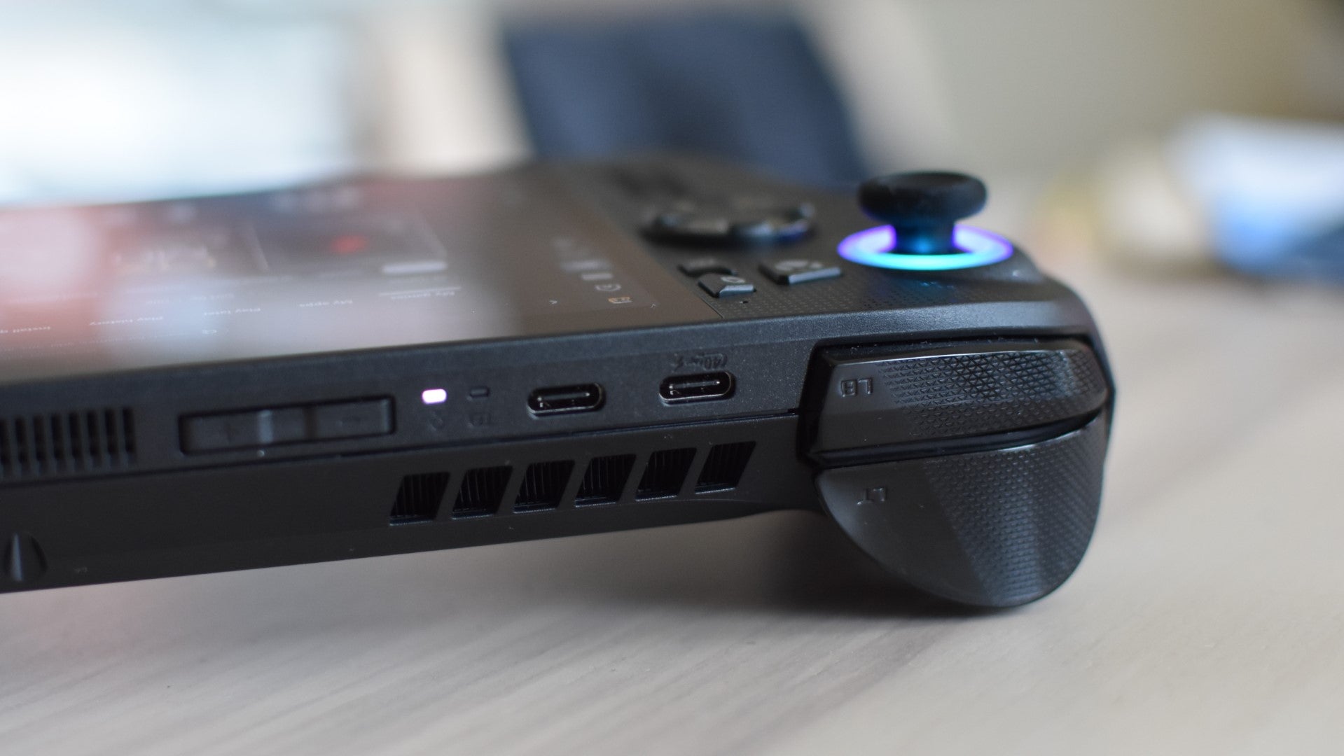 A close up of the left trigger/bumper on the Xbox ROG Ally X.