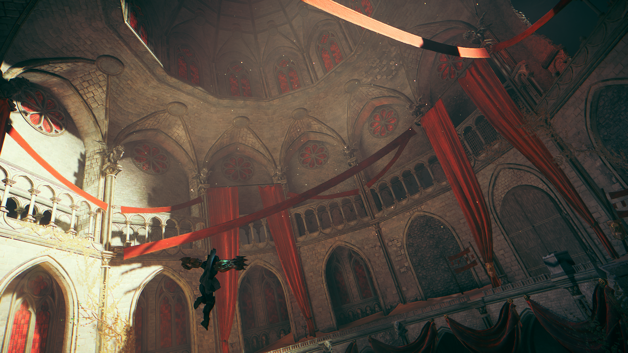 Screenshot from Atlas Fallen, showing the player character falling into ruins.