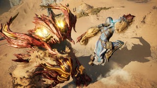 A big-gloved fighter raises their fist at a dragon in a screenshot for Atlas Fallen