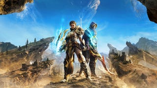 Atlas Fallen artwork showing two characters back to back on a brown cliff edge in front of other cliffs, a desert and a bright blue sky