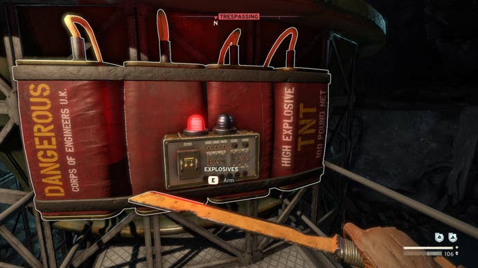 The player looks at some explosives that can be armed in the Oberon Dig Site in Atomfall