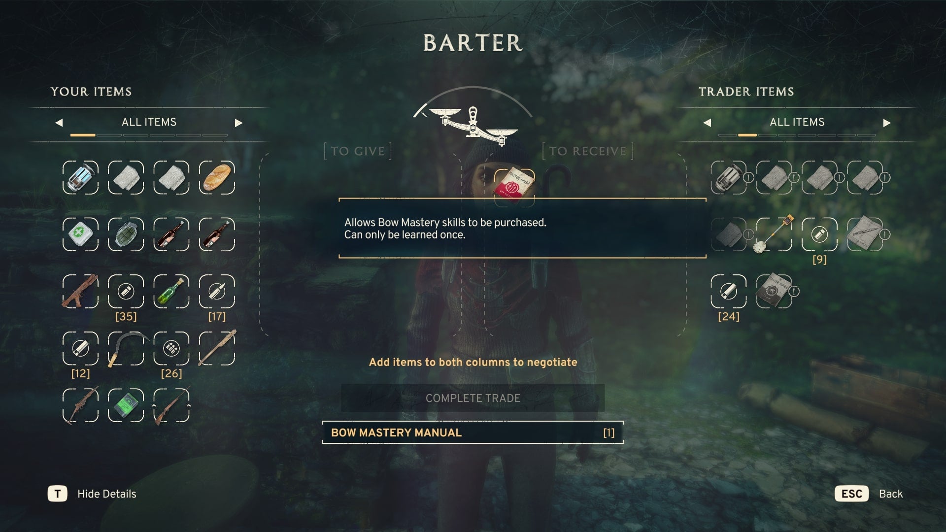 The player looks at purchasing the Bow Mastery Manual from Molly in Atomfall - 3