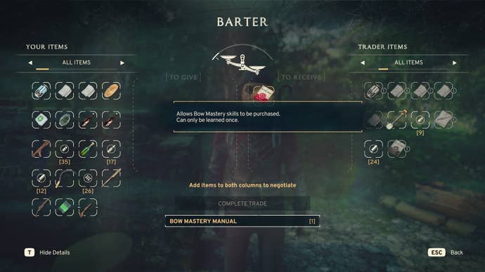 The player looks at purchasing the Bow Mastery Manual from Molly in Atomfall