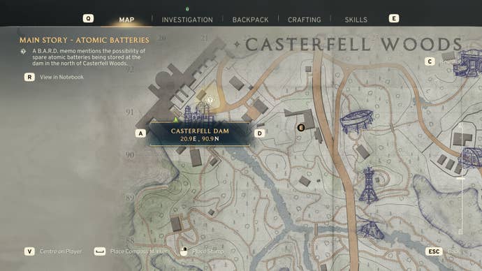 The location of the Casterfell Dam is marked on the Casterfell Woods map in Atomfall