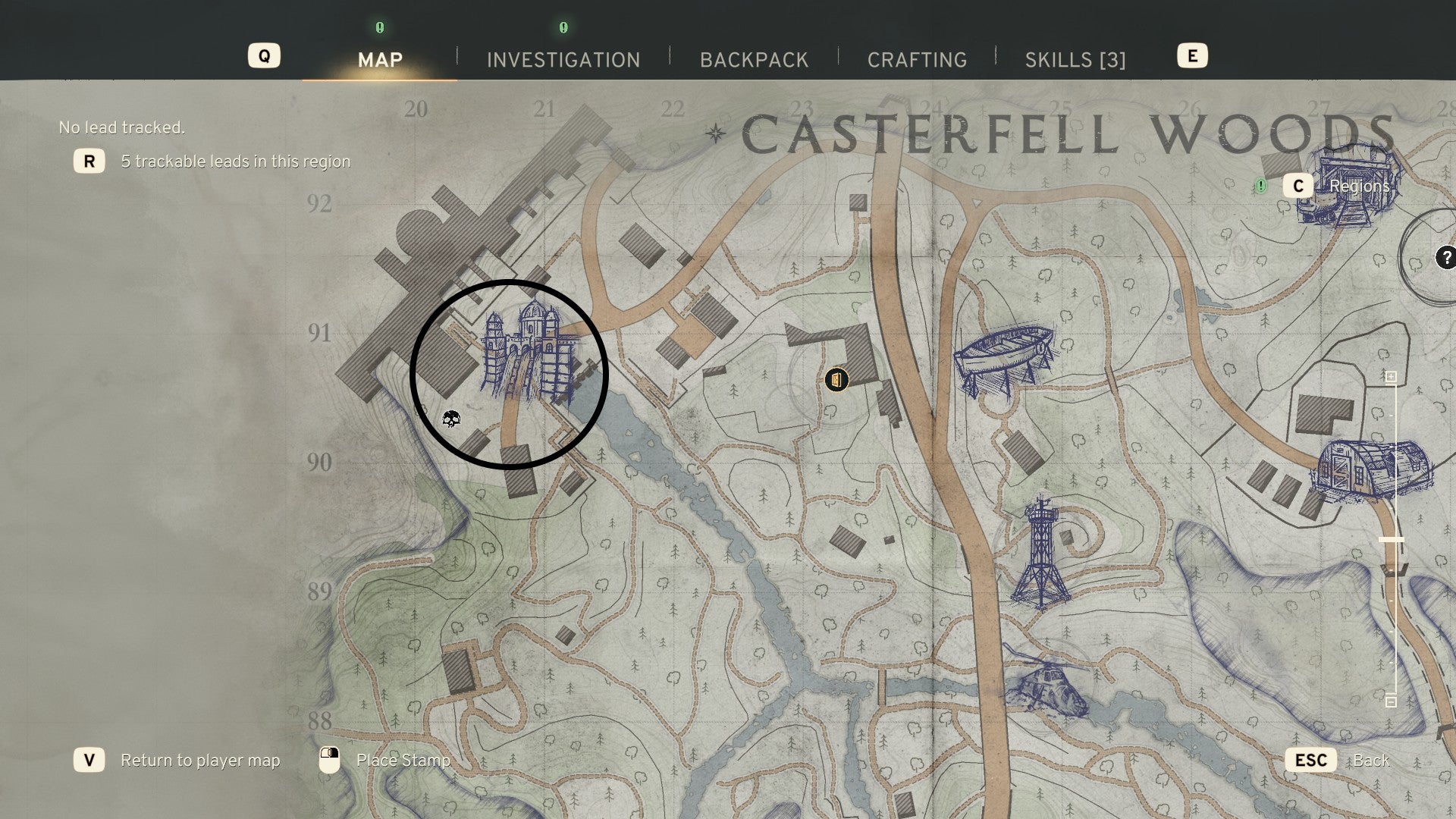 The location of Casterfell Dam - and Jenks of Datlow Hall - is marked on a map of Casterfell Woods in Atomfall - 3
