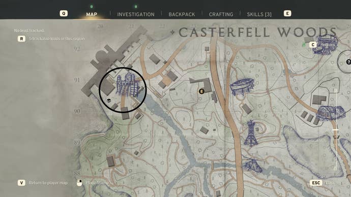 The location of Casterfell Dam - and Jenks of Datlow Hall - is marked on a map of Casterfell Woods in Atomfall