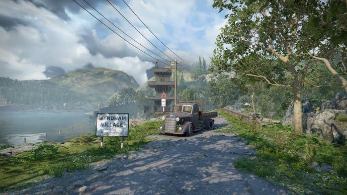 The player approaches Wyndham Village from Casterfell Woods in Atomfall