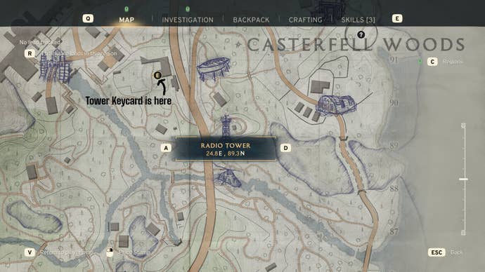 The location of where to find both the Casterfell Woods Radio Tower and Casterfell Woods Radio Tower Keycard are marked on the map in Atomfall