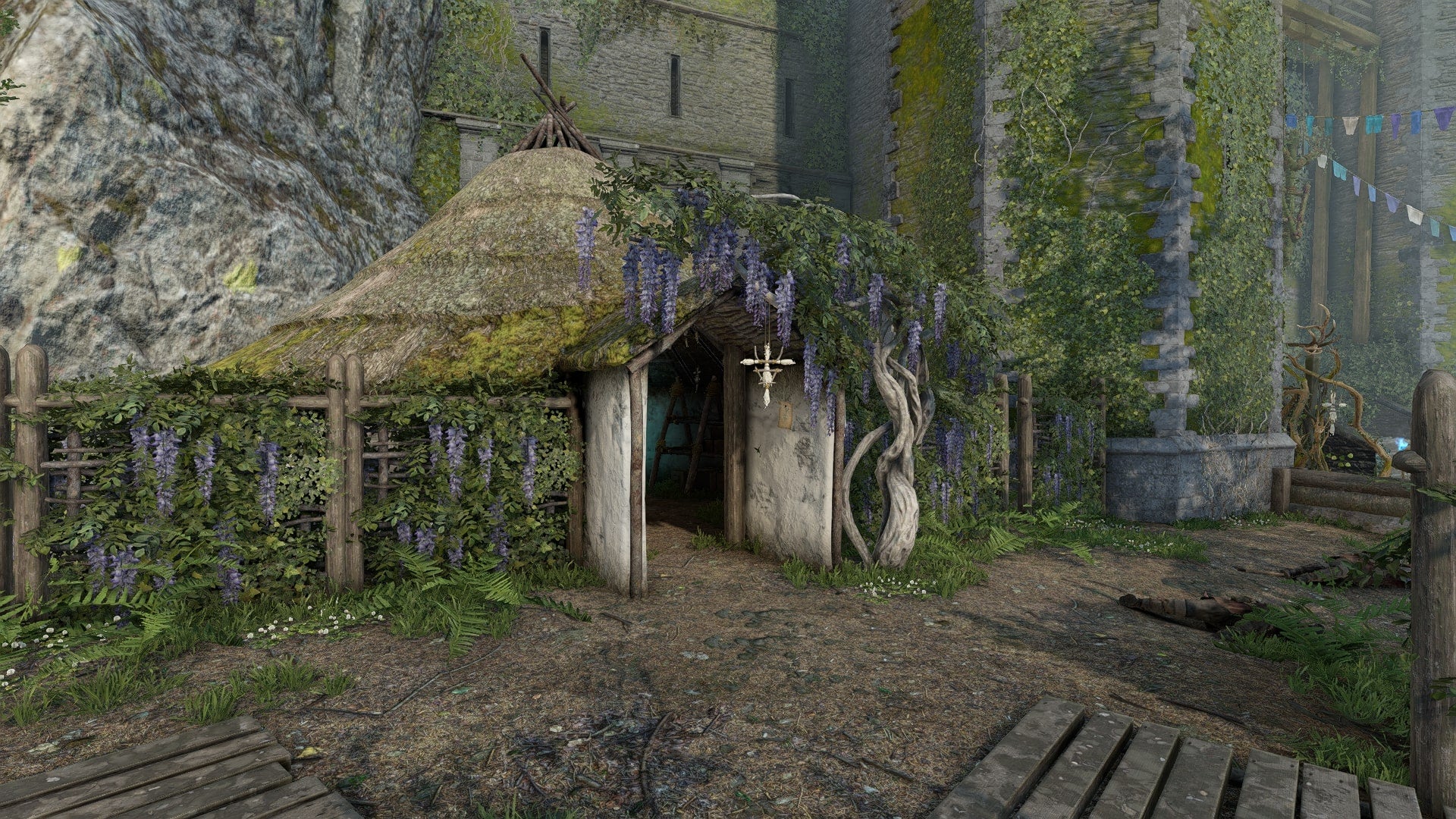 The player looks at the Castle Grounds Hut in Atomfall - 1