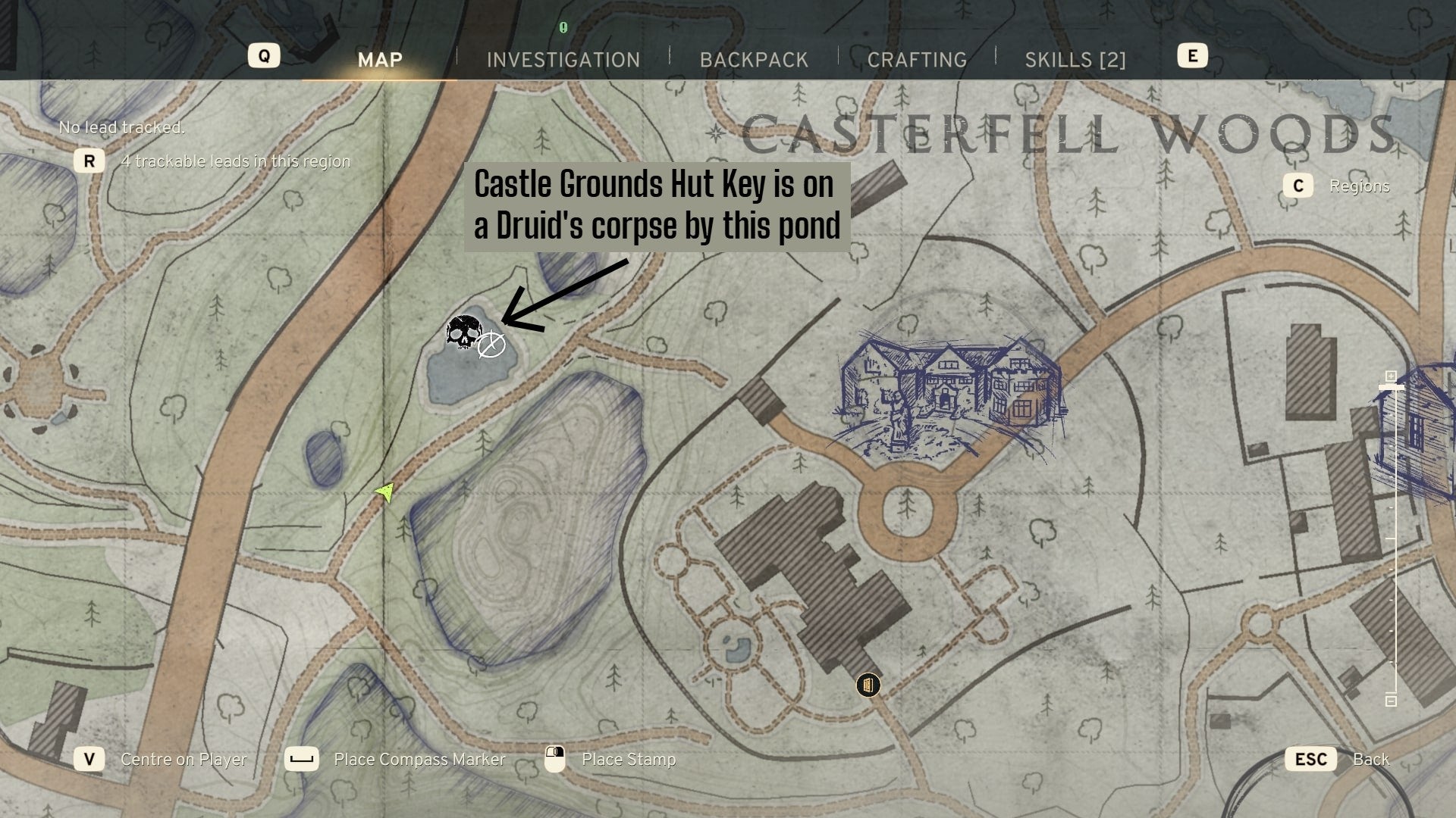 The location of the Castle Grounds Hut Key is labelled on a map of Casterfell Woods in Atomfall - 3