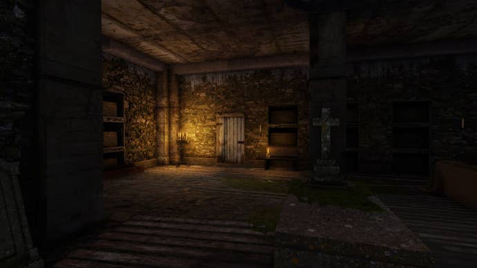 The player looks towards the entrance to the Forgotten Cellar beneath St Katherine’s Church in Atomfall