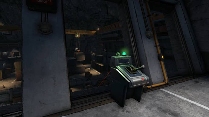 The player looks over at the Crane Controls Lever in the Interchange in Atomfall
