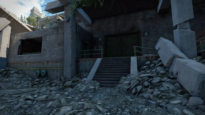 The player looks at the entrance to the Casterfell Woods Dam Data Store in Atomfall
