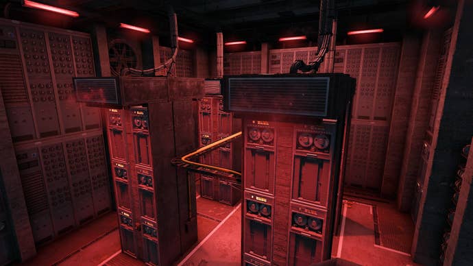 The player looks down at the Data Storeroom in Data Store Charlie in Atomfall