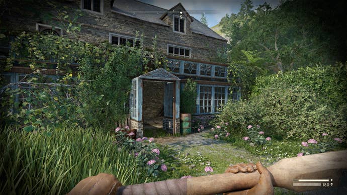 The player faces the - now opened - entrance to Datlow Hall Conservatory in Atomfall