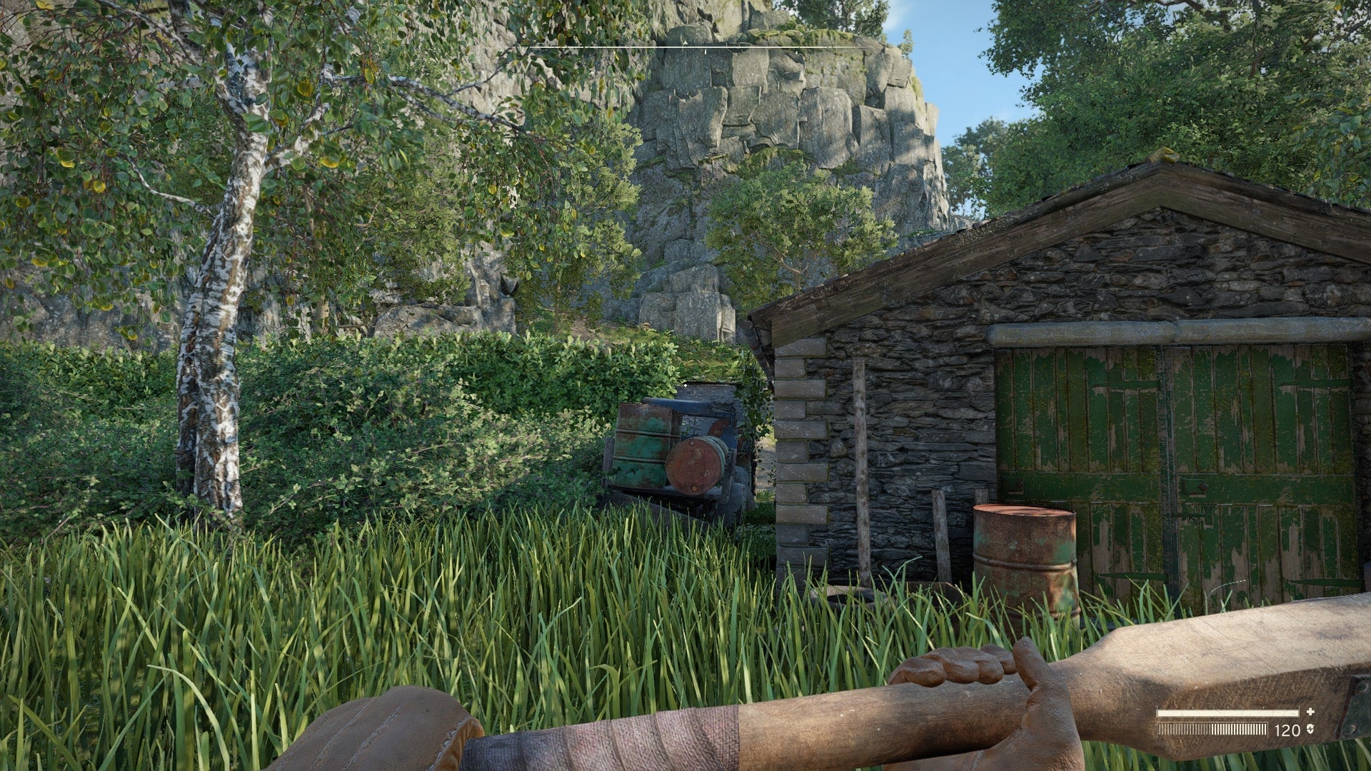 The player looks at the gap between Datlow Hall's garage and a broken down car in Atomfall - 4