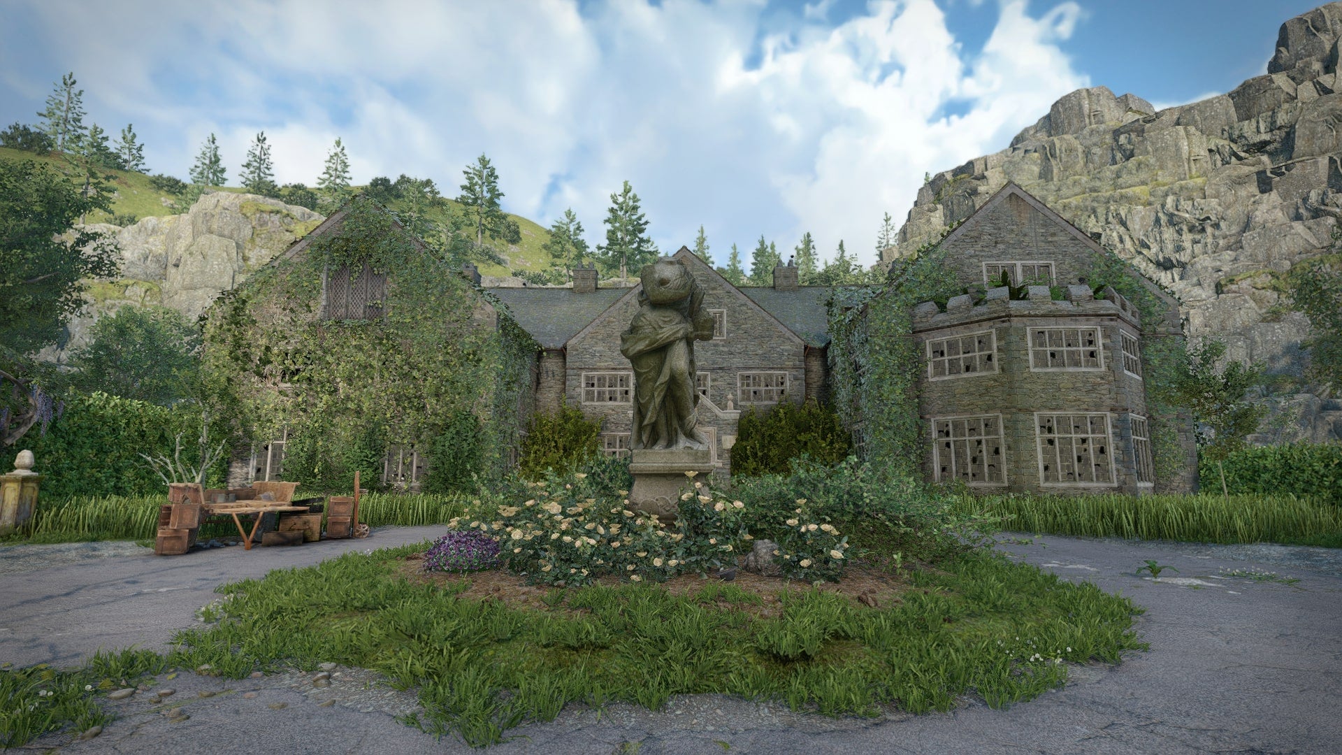 The player looks at the front of Datlow Hall, in Casterfell Woods, in Atomfall - 1