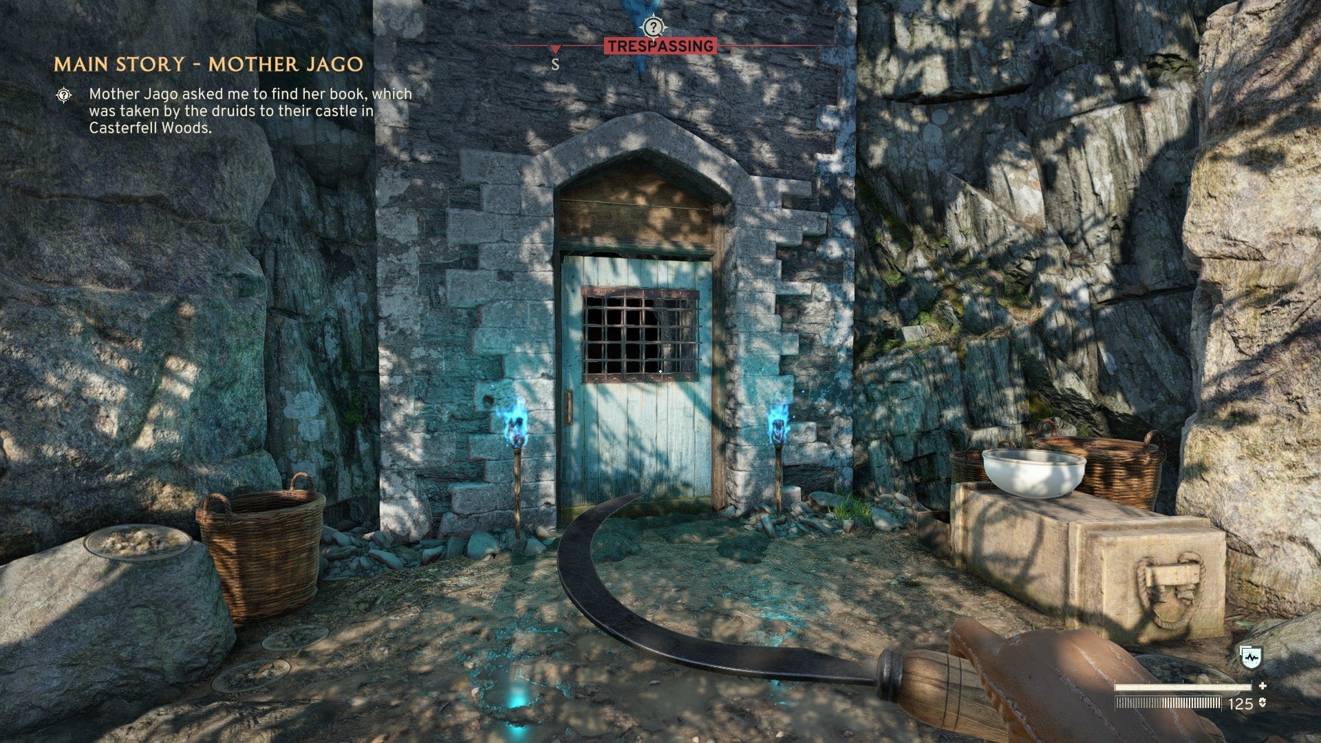 The player looks at a side entrance leading into Castle Ruins, illuminated with blue torches, in Atomfall - 5