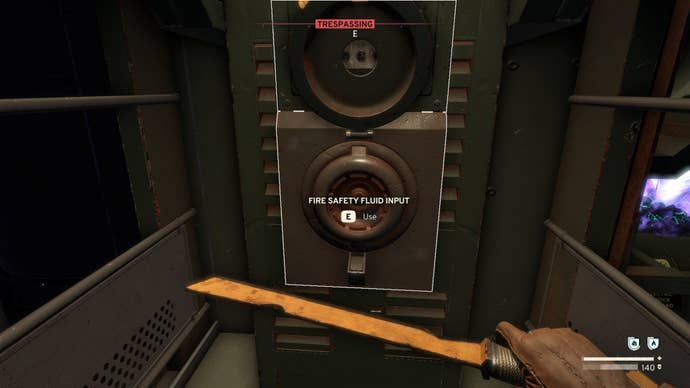 The player looks at the Fire Safety Fluid Intake Terminal in Atomfall