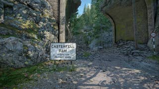 The player looks at a sign reading 'Casterfell Dam' as they approach the Dam Data Store in Casterfell Woods in Atomfall