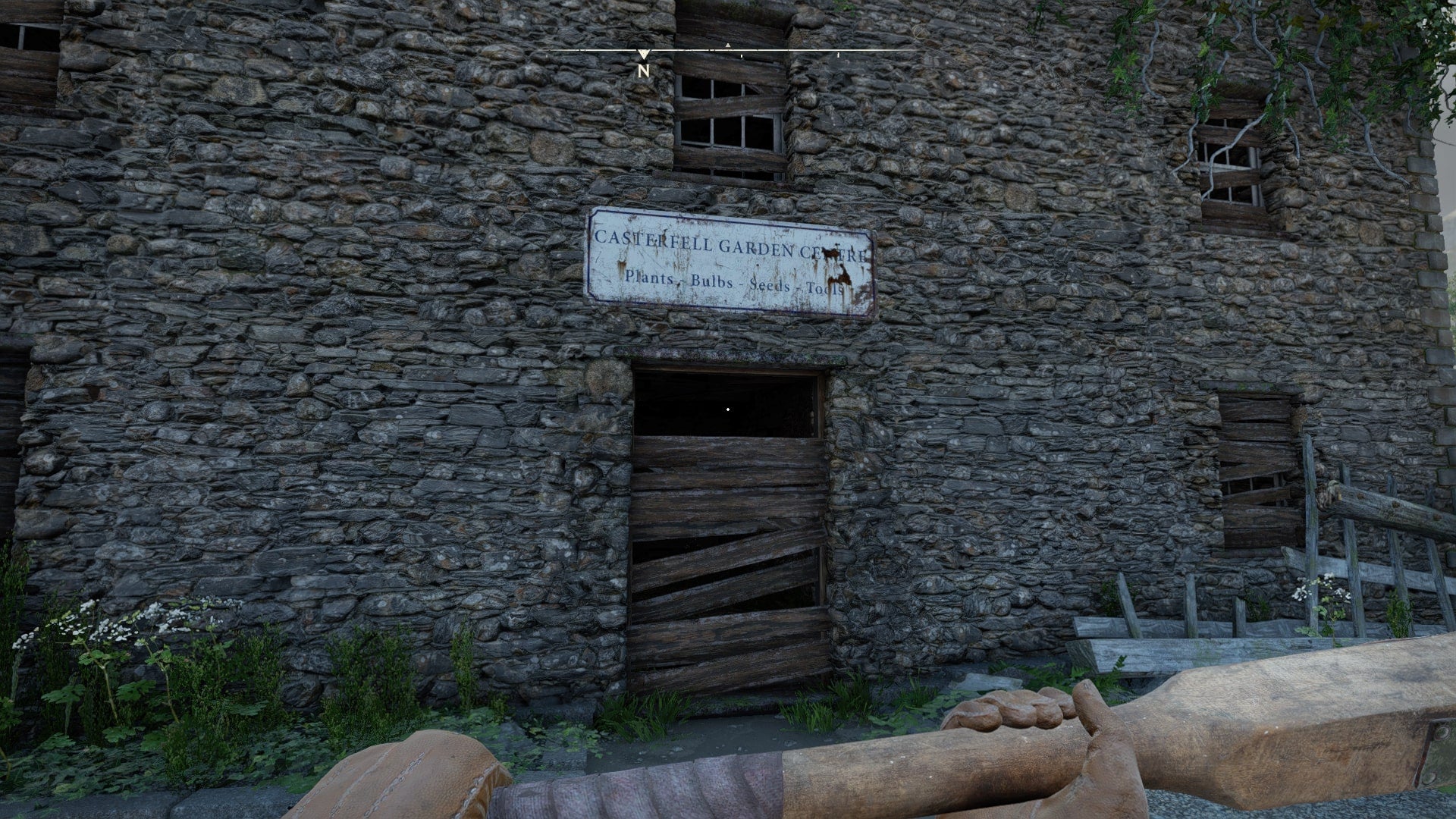 The player looks at the entrance to the barred up Garden Centre house in Casterfell Woods in Atomfall - 4