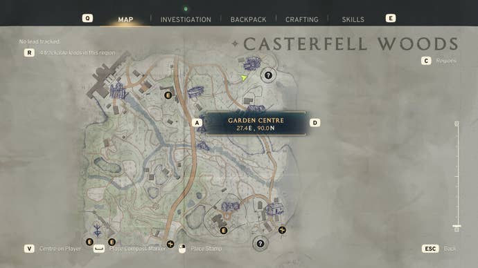 The location of the Garden Centre is shown on a map of Casterfell Woods in Atomfall