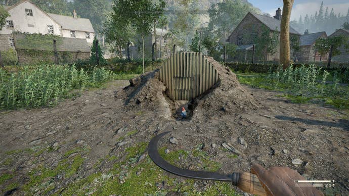 The player looks at a gnome sat in a mound of dirt in Wyndham Village in Atomfall