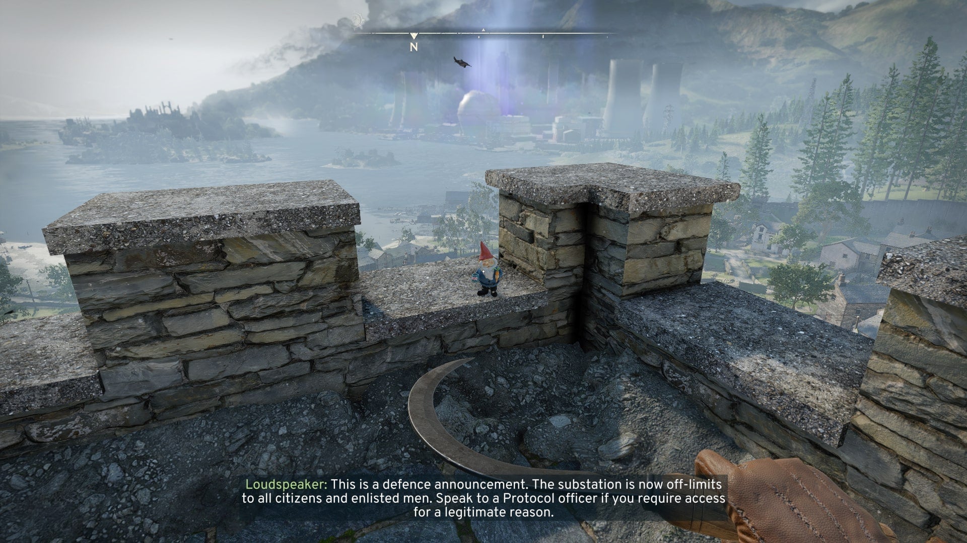 The player looks at a gnome sat on top of St. Katherine's Church in Wyndham Village in Atomfall - 4