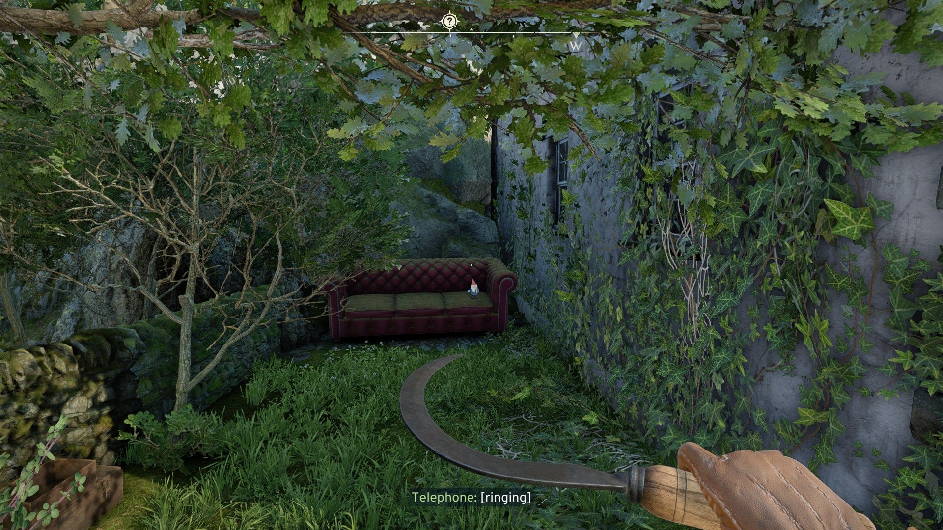 The player looks at a gnome sat on a sofa in Wyndham Village in Atomfall - 6