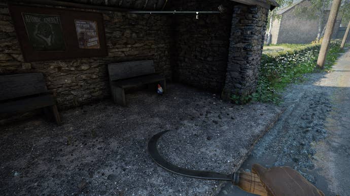 The player looks at a gnome sat in the bus stop in Wyndham Village in Atomfall