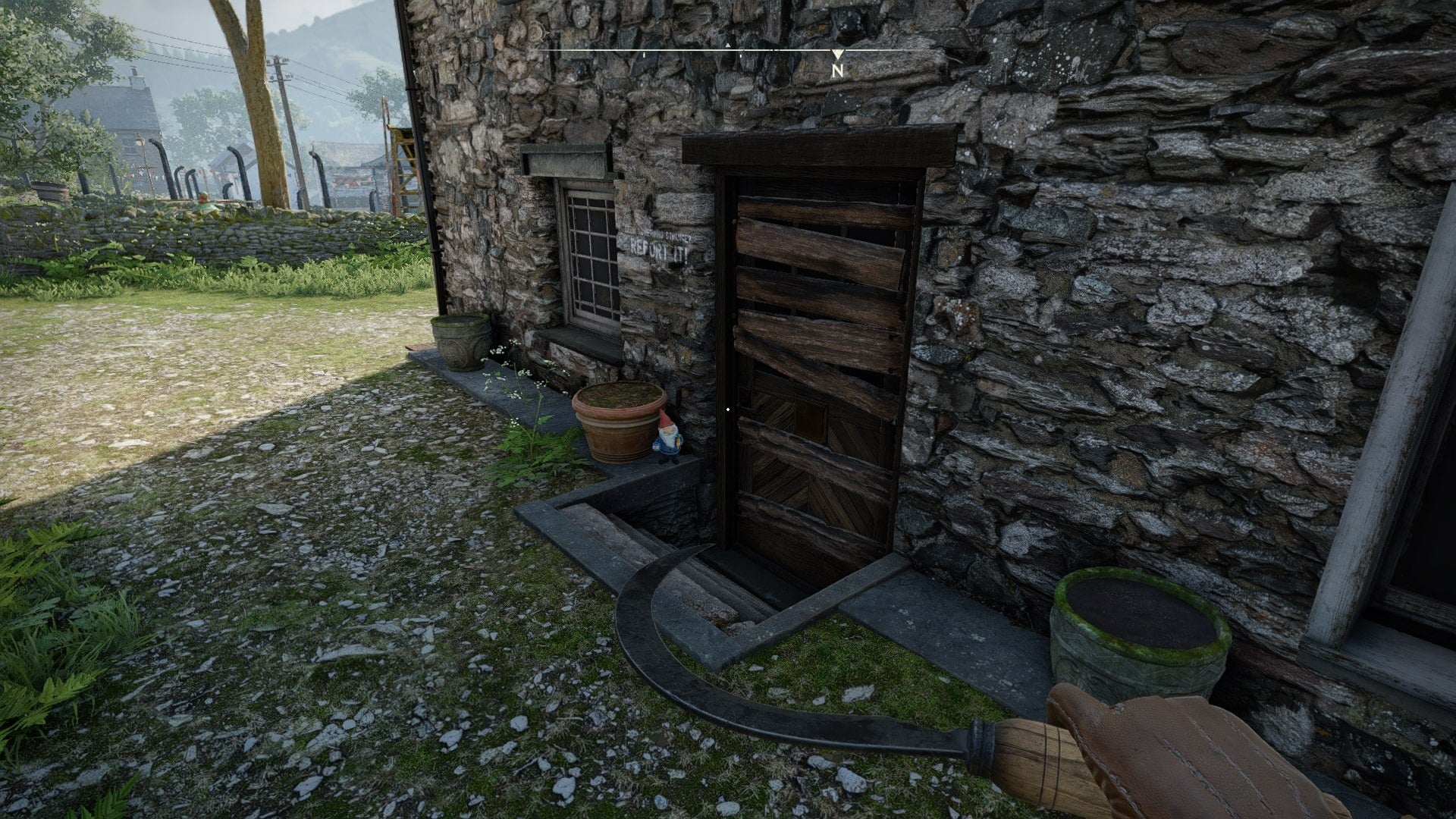 The player looks at a gnome sat on a doorstep beside a plant pot in Wyndham Village in Atomfall - 10
