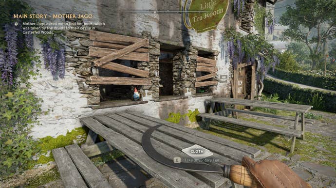 The player looks at a gnome sat on a window sill in Wyndham Village in Atomfall