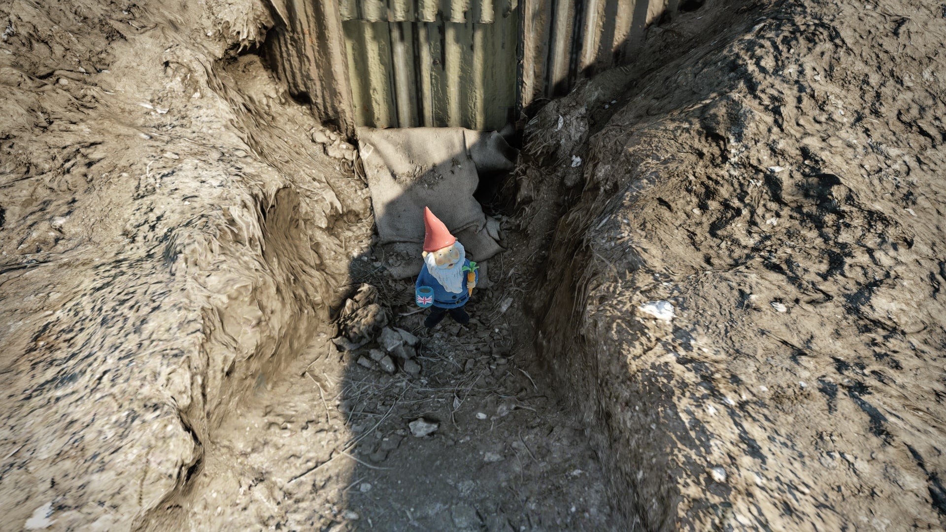 The player looks at a gnome sat in a mound of dirt in Wyndham Village in Atomfall - 1