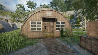 The player looks at the locked Greenhouse Hut in the Casterfell Woods Garden Centre in Atomfall