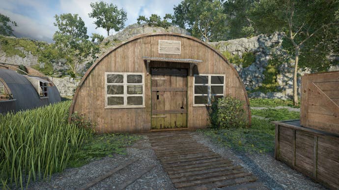 The player looks at the locked Greenhouse Hut in the Casterfell Woods Garden Centre in Atomfall