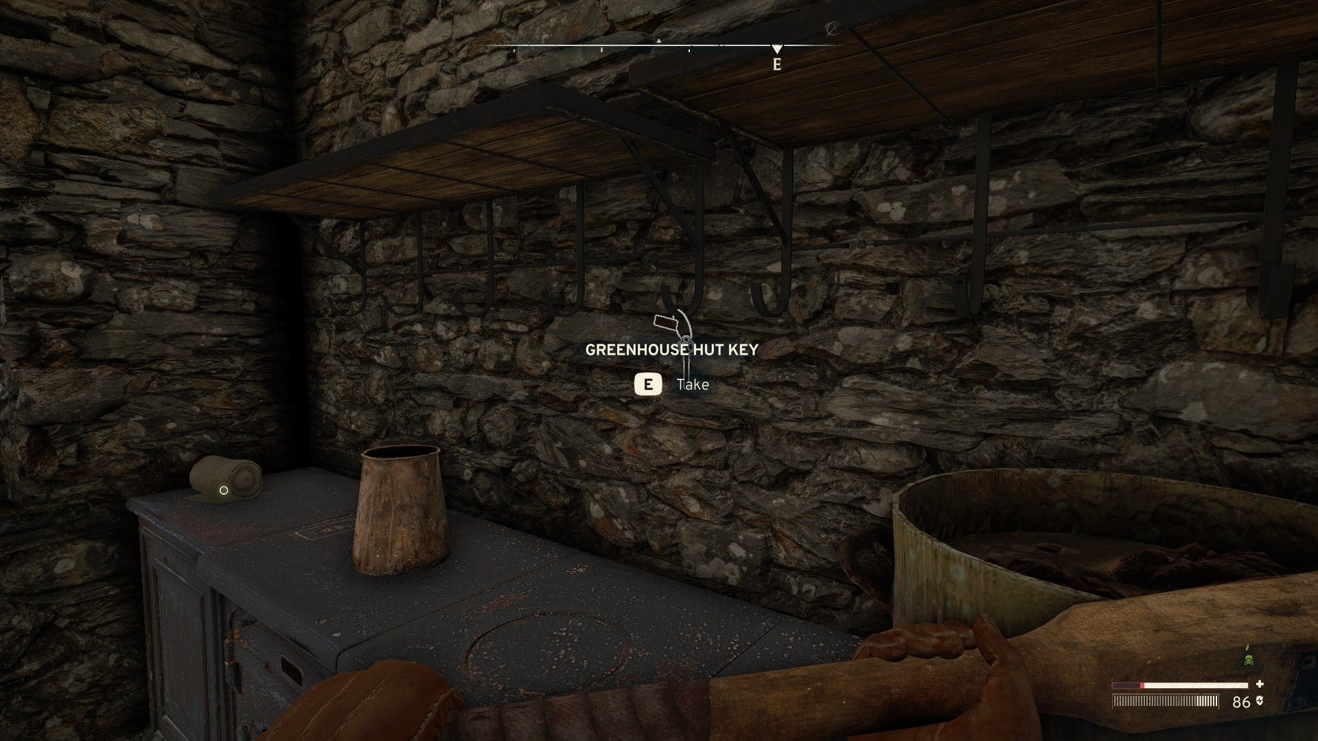 The player looks at the Greenhouse Hut Key hanging from a kitchen shelf in Atomfall - 5
