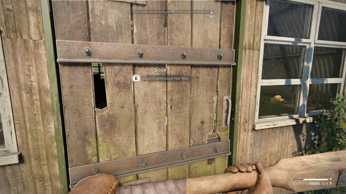 The player looks at the locked Greenhouse Hut door in Atomfall