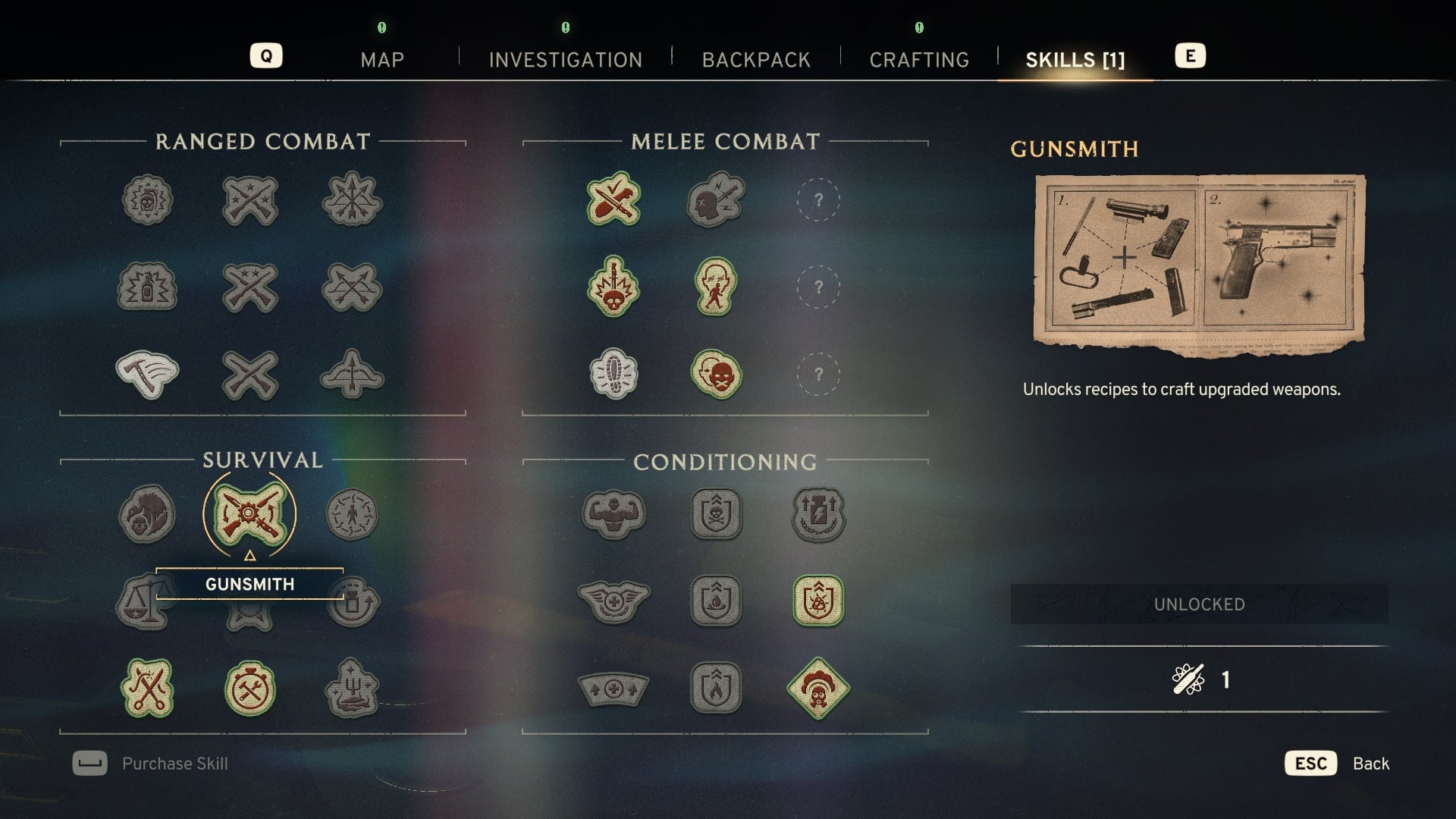 The player hovers over the Gunsmith Skill in Atomfall - 3