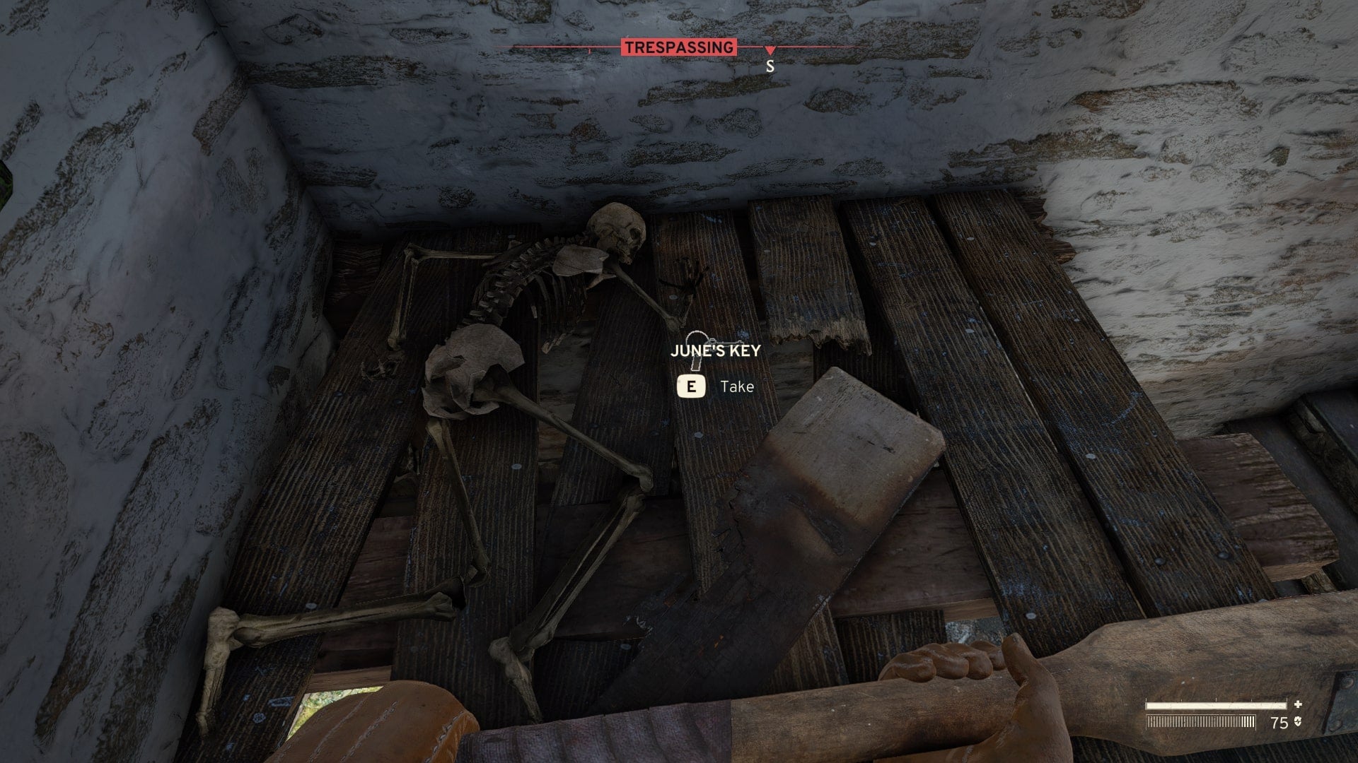 The player loots June&rsquo;s Key from her skeleton in The Little Tea Room in Atomfall&rsquo;s Wyndham Village