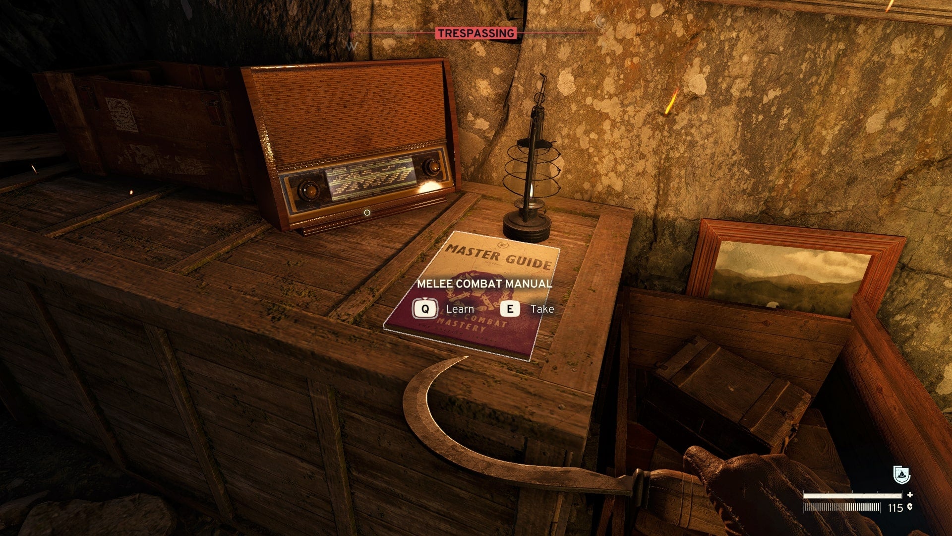 The player looks at the Melee Combat Manual on a crate inside of the Slatten Dale Outlaw's Cave in Atomfall - 4