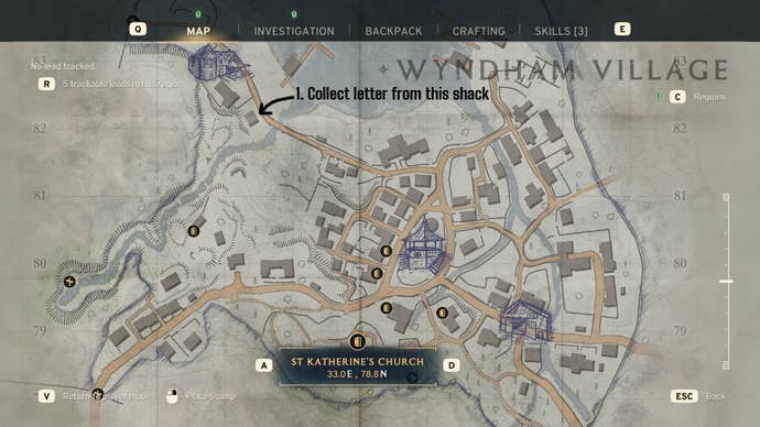 The location of a small shack near Mereview Hotel, which contains a note, is marked on the Wyndham Village map in Atomfall