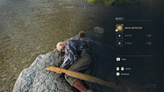 The player loots a free metal detector from a corpse in Slatten Dale in Atomfall