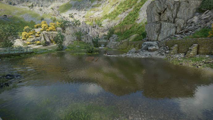 The player looks out at a river in Slatten Dale in Atomfall