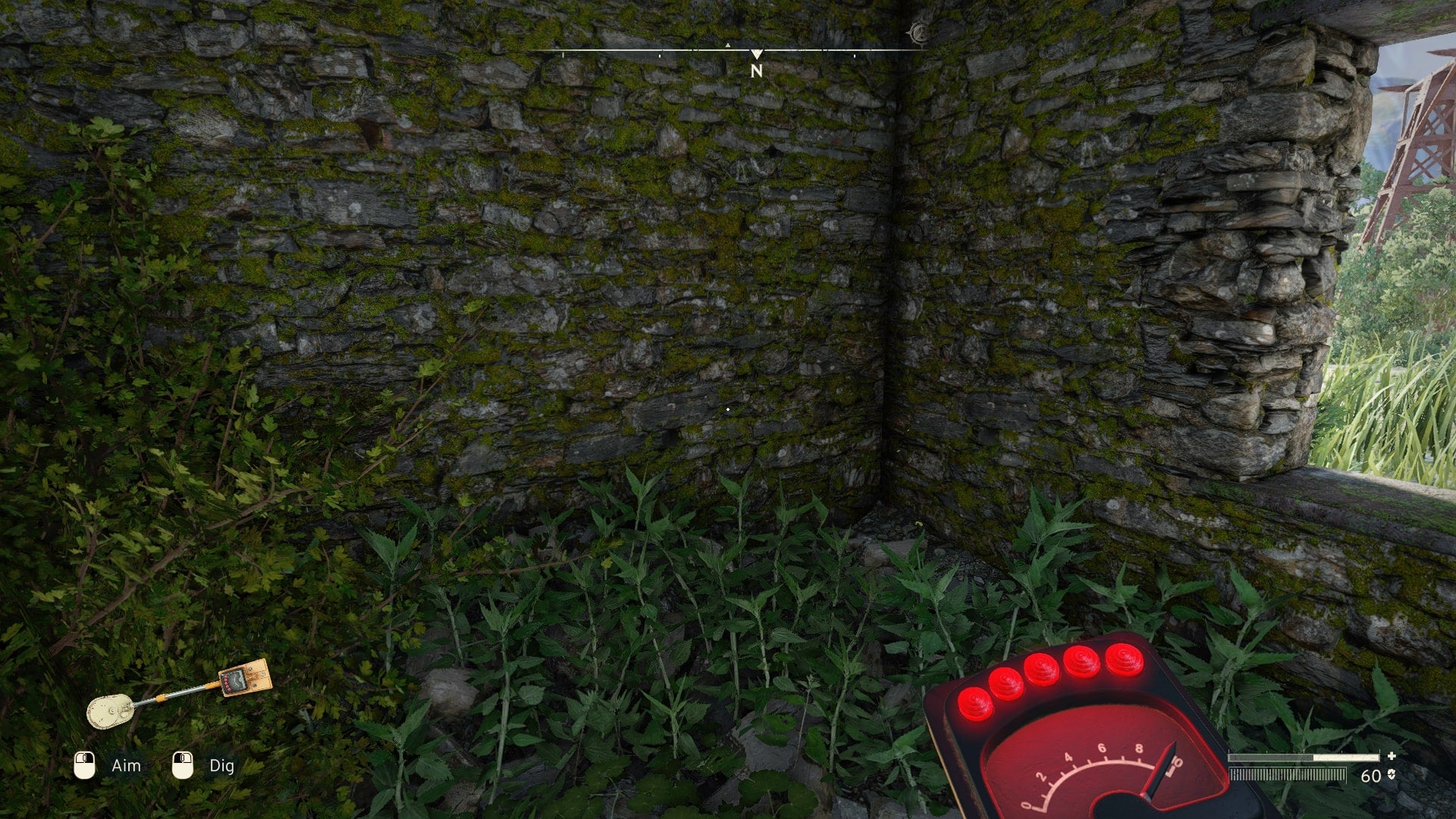 The player is using the metal detector inside a small ruined building in Slatten Dale in Atomfall - 6