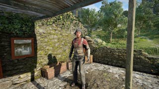 The player looks at Trader Molly at the Slatten Dale Trader's Camp in Atomfall