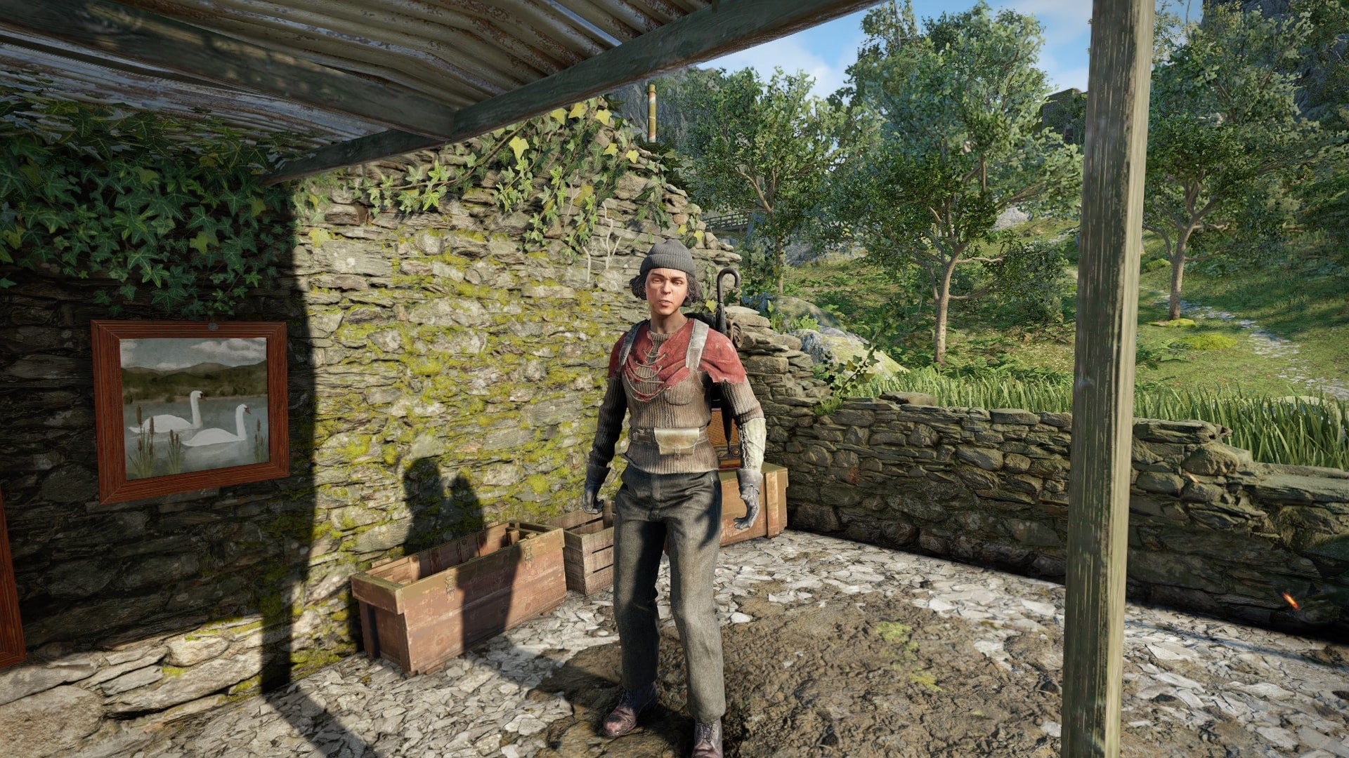 The player looks at Trader Molly at the Slatten Dale Trader's Camp in Atomfall - 1